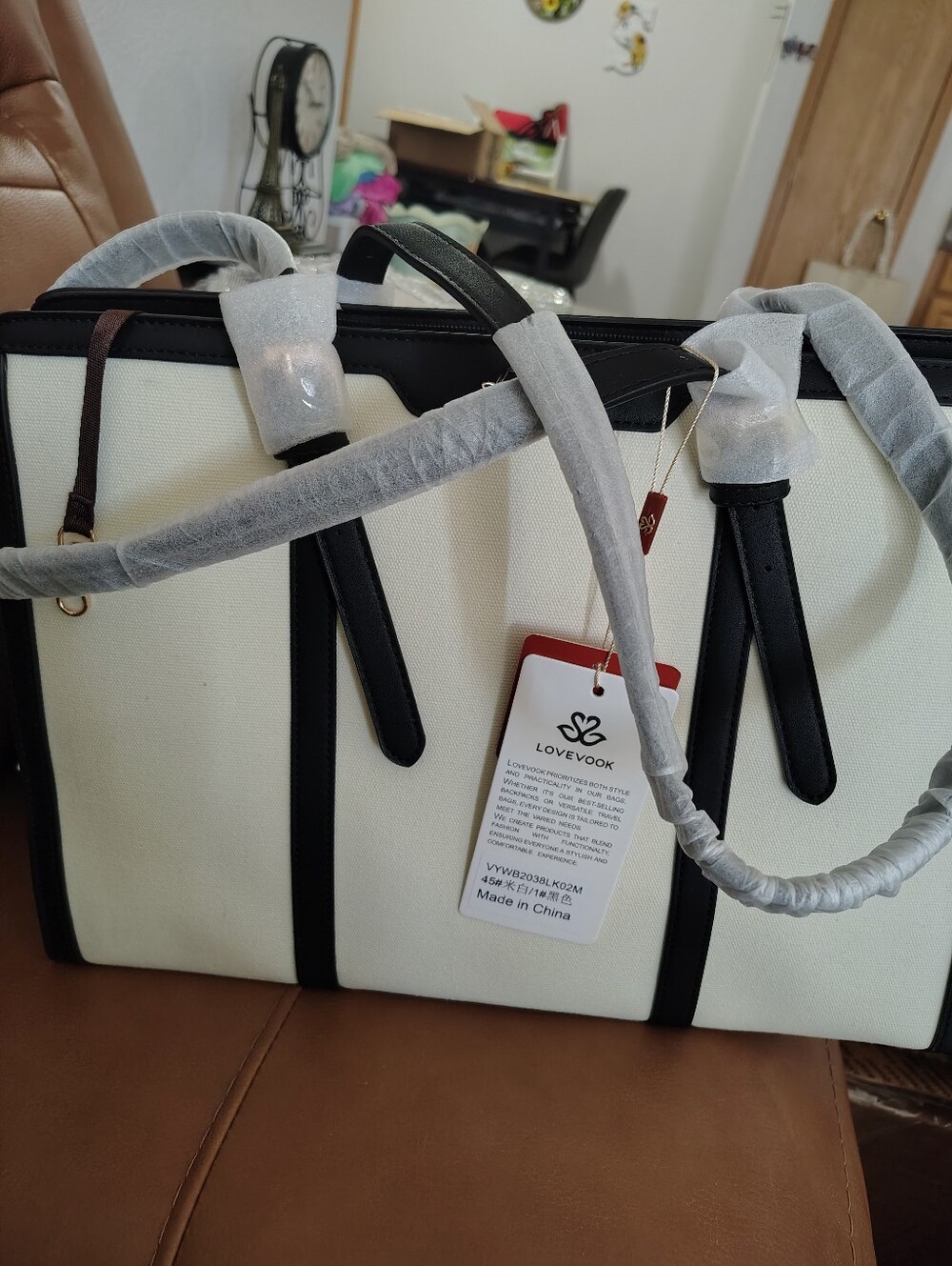 Black & Cream Structured Lovevook Canvas Large Tote Bag